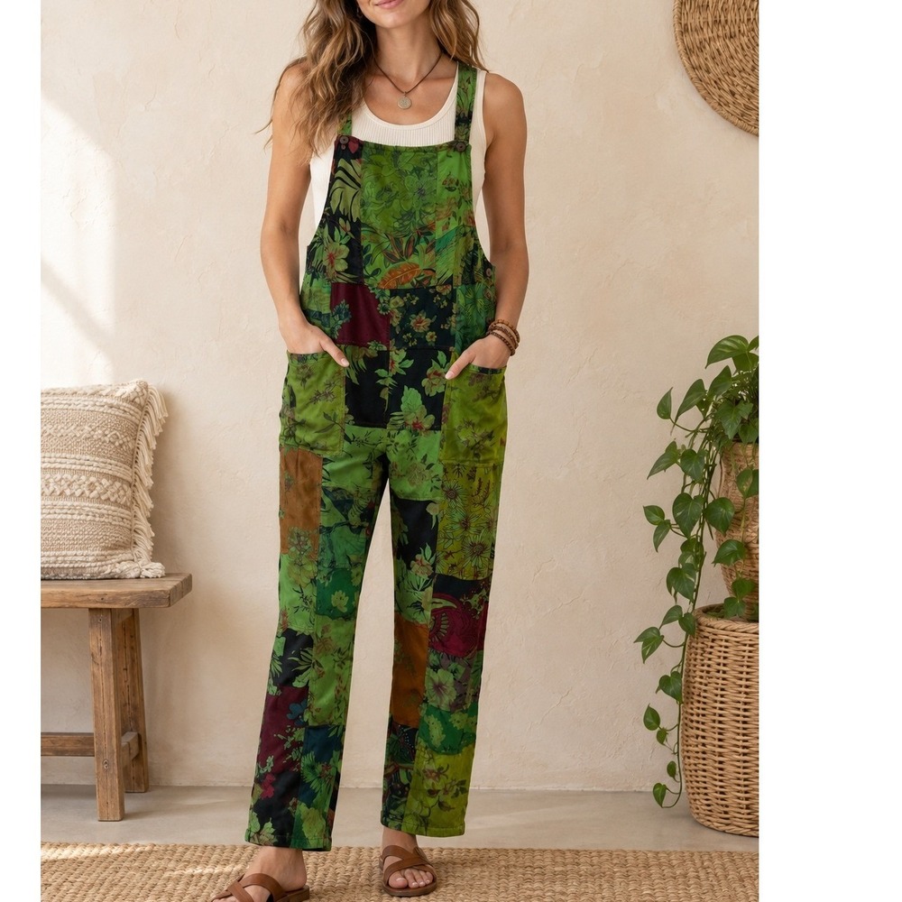 Dungarees L/XL Overalls Green Floral Patchwork Viscose Boho Hippie Stretch Artsy